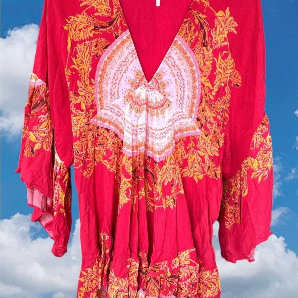 FREE PEOPLE Red Sunset Dreams V- Neck Tunic - Small